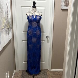Giani Bernini Strapless Cobalt Blue Lace Maxi Dress